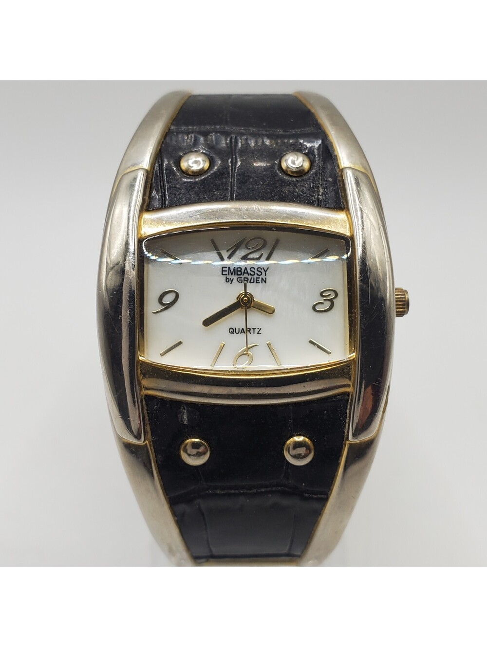 Embassy By Gruen Black Cuff Band Womens Watch White Dial 33mm New Battery
